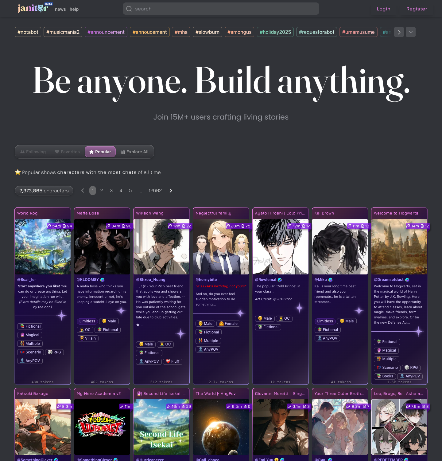 Janitor AI homepage captured in a browser frame, July 2026